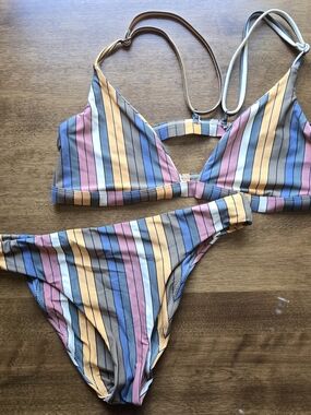 O’Neill Bikini Set Stripe Print Strappy Top Cheeky Bottom S/M No Size Tag